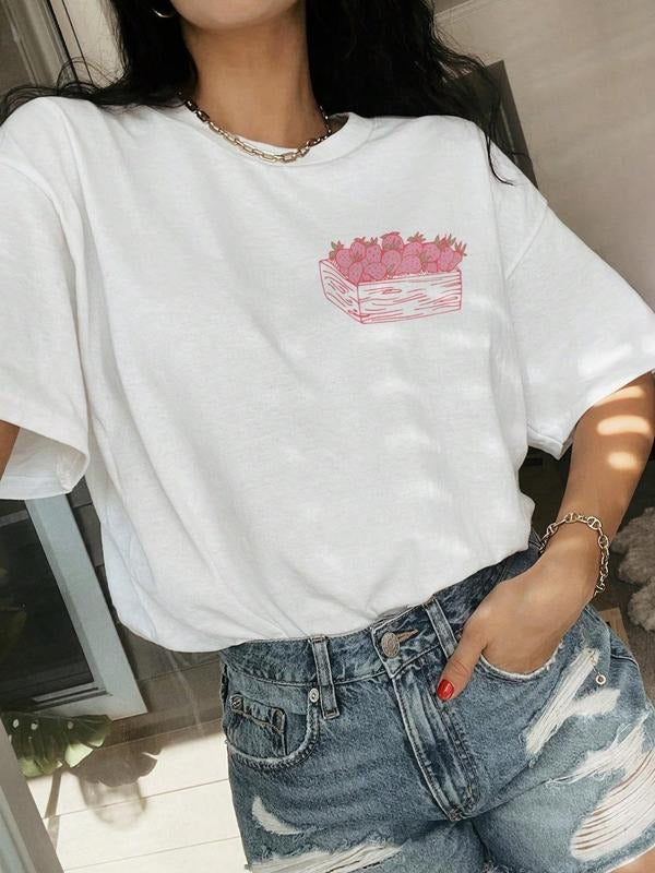 Women'WB shield Strawberry Print Round Neck Tee, Casual Fruit Print Short Sleeve Crew Neck T-Shirt for Summer, Fashion...