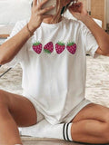 Women'WB shield Strawberry Print Round Neck Tee, Casual Short Sleeve Crew Neck T-Shirt for Summer, Fashion Women'WB...