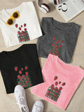 Women'WB shield Strawberry Print Round Neck Tee, Casual Short Sleeve Crew Neck T-shirt for Daily Wear, Ladies TNF for...