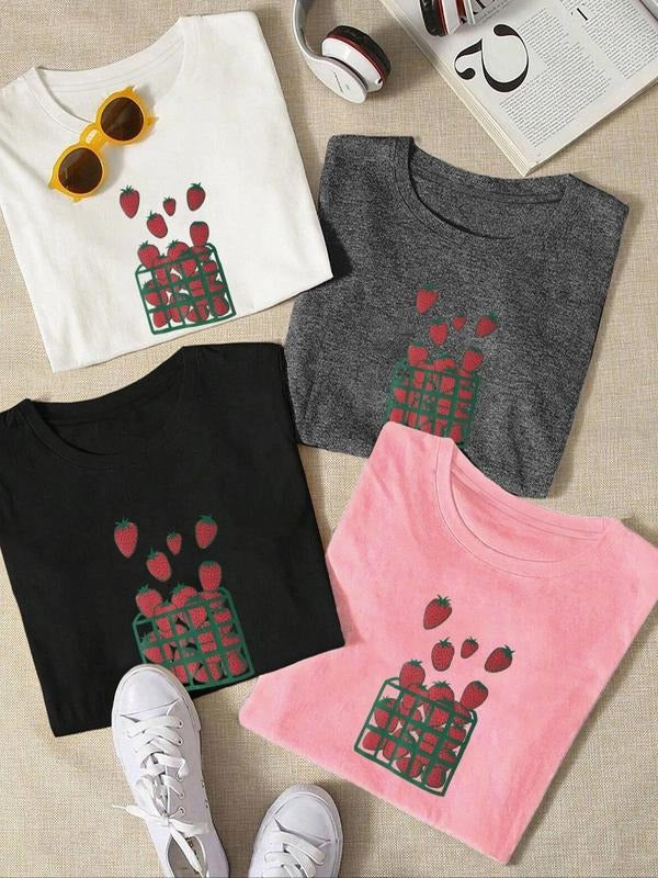 Women'WB shield Strawberry Print Round Neck Tee, Casual Short Sleeve Crew Neck T-shirt for Daily Wear, Ladies TNF for...