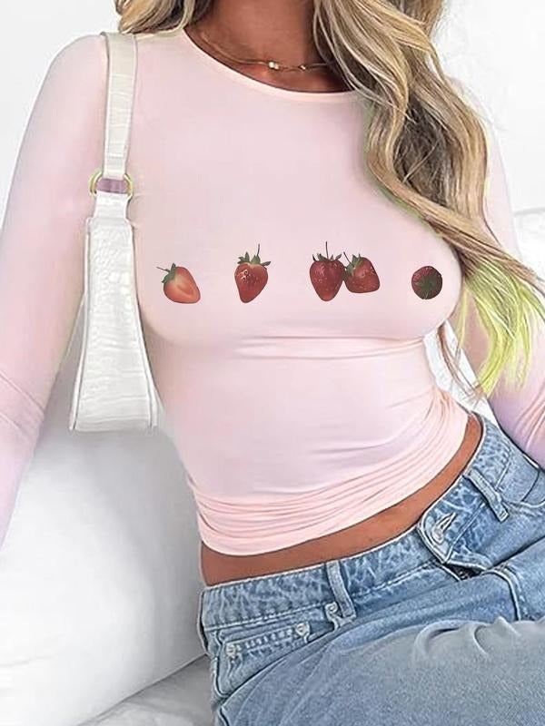 Women'WB shield Strawberry Print Round Neck Tee, Y2K Casual Long Sleeve T-Shirt for Daily Outdoor Wear, Women'WB shield...