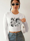 Women'WB shield Strawberry Print Round Neck Tee, Y2K Trendy Casual Long Sleeve T-shirt for Daily Wear, Ladies Summer...
