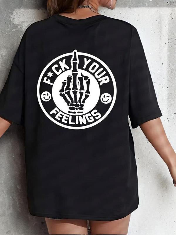 Women'WB shield Streetwear Letter & Skeleton Hand Print Drop Shoulder Tee, Graphic Tees, Casual Half Sleeve Round Neck...