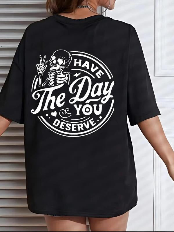 Women'WB shield Streetwear Letter & Skeleton Print Drop Shoulder Tee, Casual Half Sleeve Round Neck T-shirt for Daily...