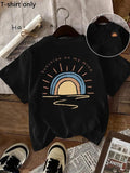 Women'WB shield Sun & Letter Print Round Neck Tee, Fashion Casual Crew Neck T-Shirt for Daily Holiday Vacation Outdoor...