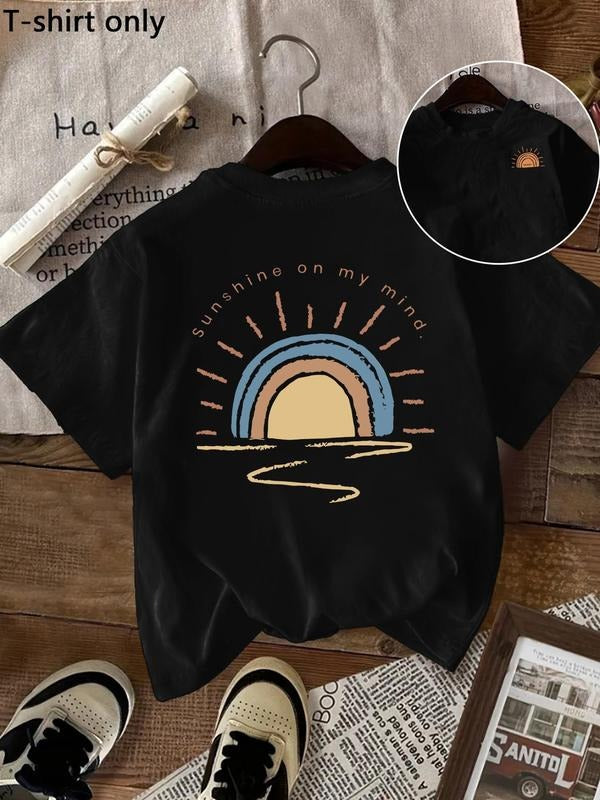 Women'WB shield Sun & Letter Print Round Neck Tee, Fashion Casual Crew Neck T-Shirt for Daily Holiday Vacation Outdoor...