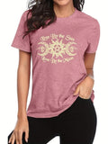 Women'WB shield Sun & Moon & Letter Print Round Neck Tee, Trendy Casual Short Sleeve T-Shirt for Daily Wear, Ladies TNF...