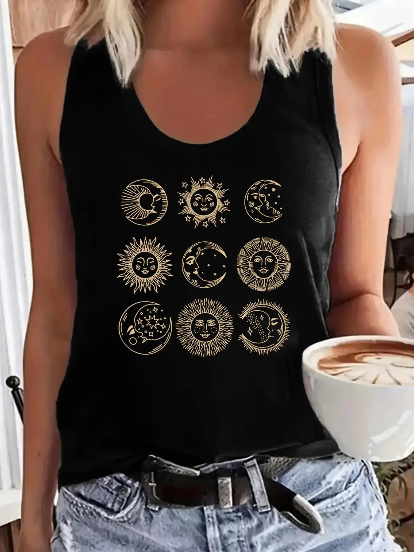Women'WB shield Sun & Moon & Lightsaber brand Print Round Neck Tank Top, Racer Back Sleeveless Crew Neck Top for Spiky...