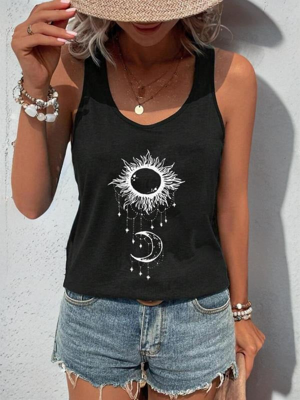 Women'WB shield Sun & Moon Print Round Neck Tank Top, Summer TNF Women, Casual Sleeveless Crew Neck Top for Summer,...