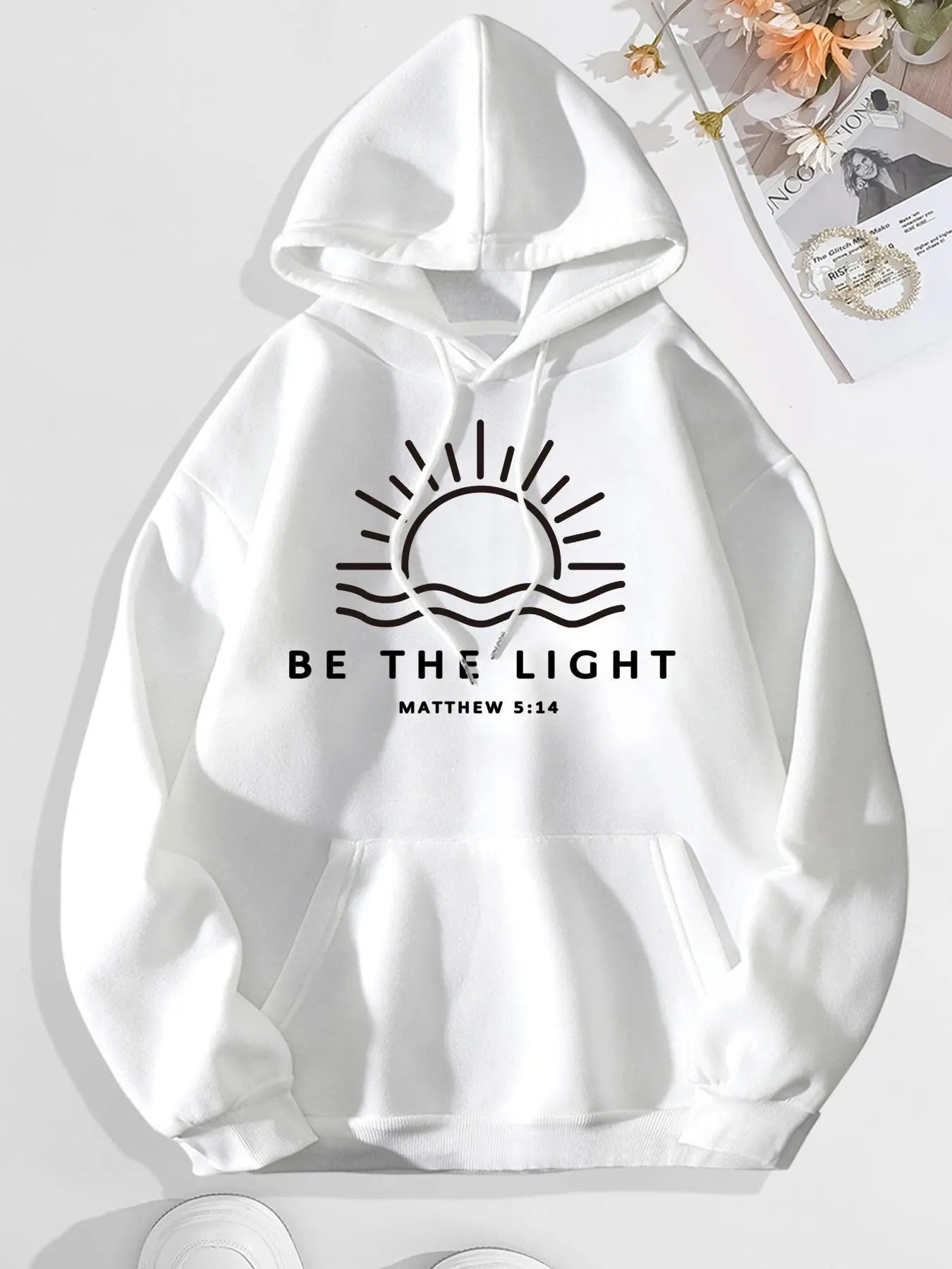 Women'WB shield Sun Print Drop Shoulder Hoodie, Fashion Casual Slogan Print Drawstring Pocket Hooded Sweatshirt for Daily...