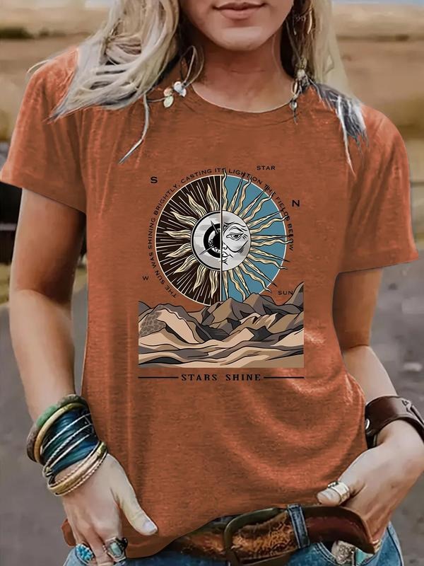 Women'WB shield Sun Print Round Neck Graphic Tee, Vintage Trendy Casual Short Sleeve T-shirt for Daily Wear, Ladies...