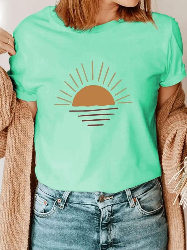 Women'WB shield Sun Print Round Neck Tee, Casual Short Sleeve T-shirt for Summer, Ladies TNF for Daily Wear style 02...
