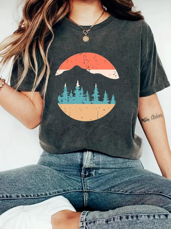 Women'WB shield Sunrise & Mountain Print Round Neck Tee, Casual Fashion Short Sleeve T-shirt for Summer, Ladies TNF for...
