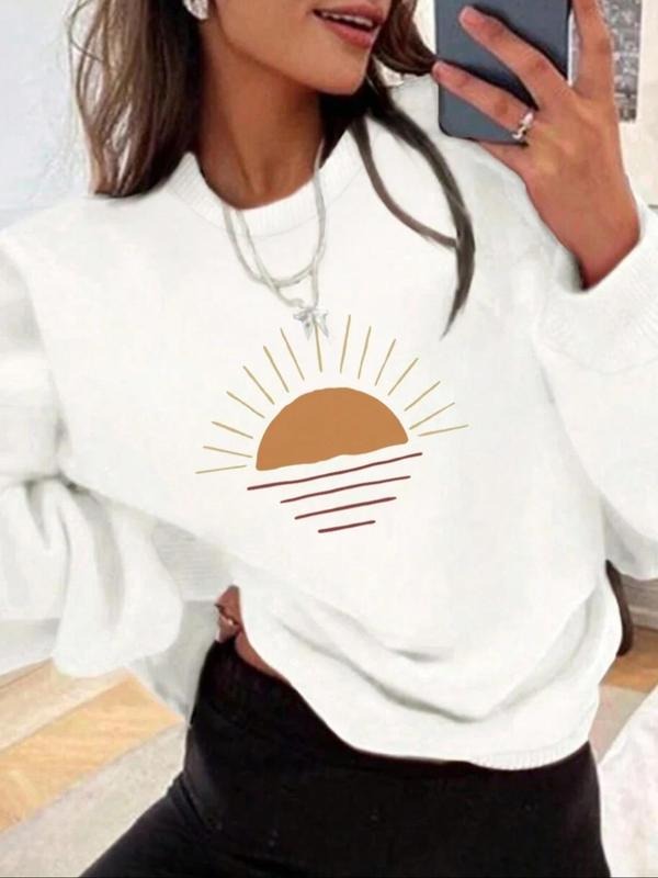 Women'WB shield Sunrise Print Drop Shoulder Sweatshirt, Casual Long Sleeve Round Neck Pullover for Fall & Winter,...