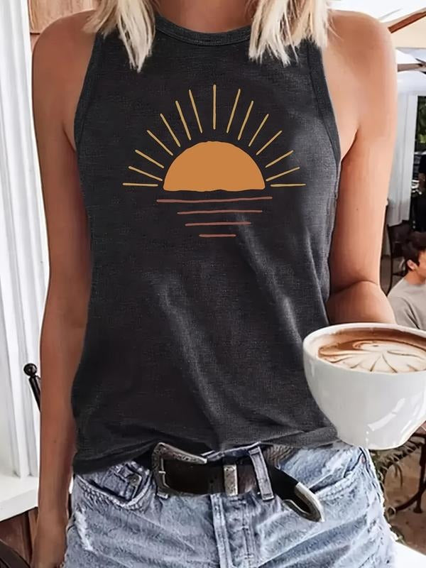 Women'WB shield Sunrise Print Round Neck Tank Top, Casual Sleeveless Top for Summer, Ladies TNF for Daily Wear T-Shirts,...