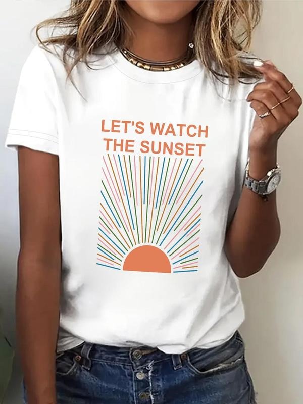 Women'WB shield Sunset & Letter Print Round Neck Graphic Tee, Trendy Casual Short Sleeve T-shirt for Daily Wear, Ladies...