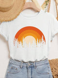 Women'WB shield Sunset & Tree Print Round Neck Tee, Fashion Casual Crew Neck T-shirt for Daily Outdoor Wear, Ladies...