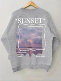 Women'WB shield Sunset Landscape & Letter Print Crew Neck Sweatshirt, Casual Drop Shoulder Long Sleeve Pullover, Women'WB...