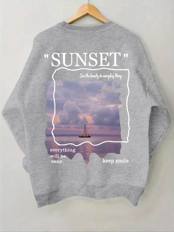 Women'WB shield Sunset Landscape & Letter Print Crew Neck Sweatshirt, Casual Drop Shoulder Long Sleeve Pullover, Women'WB...