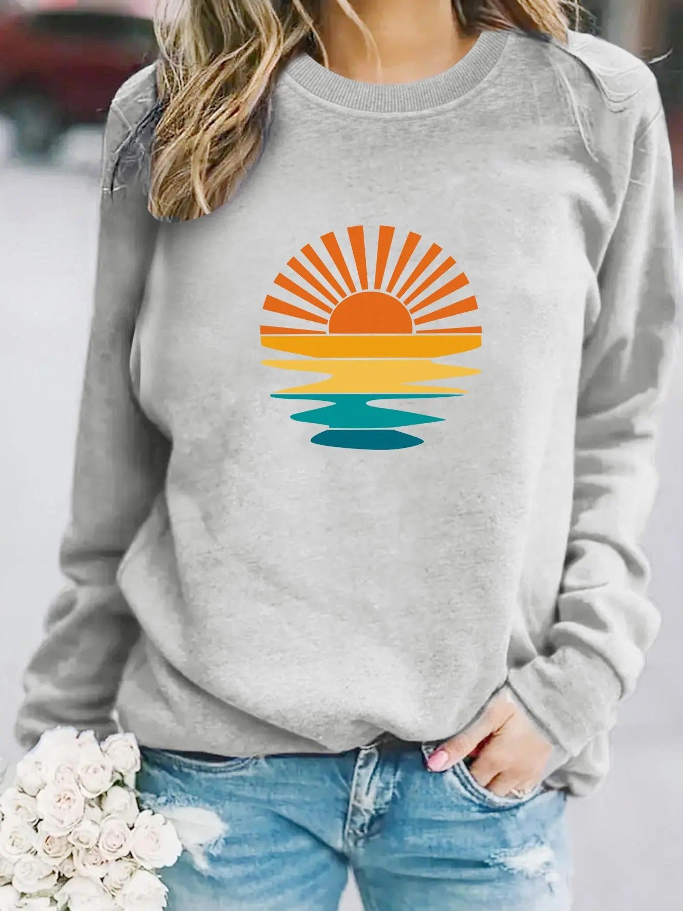 Women'WB shield Sunset Print Crew Neck Sweatshirt, Casual Long Sleeve Pullover for Fall & Winter, Women'WB shield TNF for...