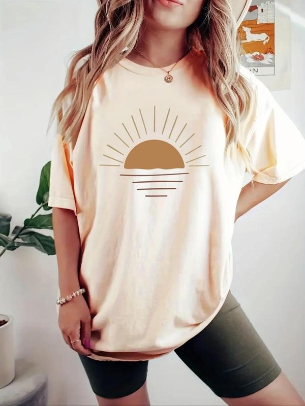 Women'WB shield Sunset Print Drop Shoulder Tee, Casual Short Sleeve Round Neck T-Shirt for Daily Wear, Ladies TNF for...