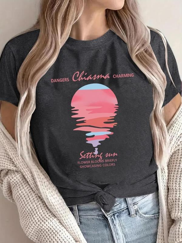 Women'WB shield Sunset Print Round Neck Tee, Casual Short Sleeve Crew Neck T-shirt for Summer, Fashion Women'WB shield...