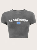 Women'WB shield Superhero team Salvador Flag & Slogan Print Round Neck Crop Tee, Casual Slim-fitting Short Sleeve...
