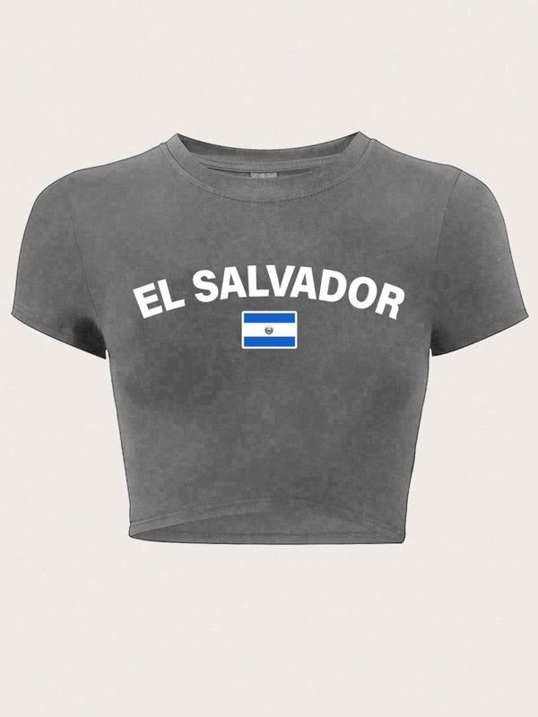 Women'WB shield Superhero team Salvador Flag & Slogan Print Round Neck Crop Tee, Casual Slim-fitting Short Sleeve...