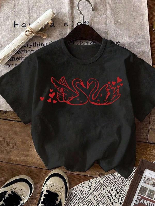 Women'WB shield Swan & Heart Graphic Round Neck Tee, Casual Short Sleeve T-Shirt for Summer, Ladies TNF for Daily Wear...