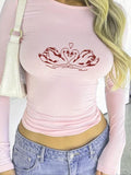 Women'WB shield Swan Print Round Neck Tee, Y2K Trendy Long Sleeve T-shirt for Daily Wear, Ladies TNF for Spiky hair...