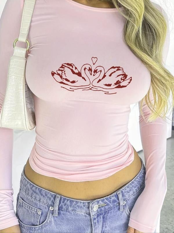 Women'WB shield Swan Print Round Neck Tee, Y2K Trendy Long Sleeve T-shirt for Daily Wear, Ladies TNF for Spiky hair...
