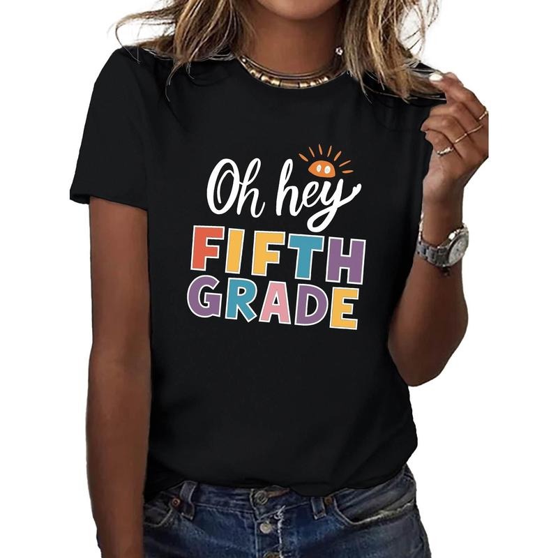 Women'WB shield T-Shirt | 'Green tractor brand Hey FIFTH GRADE' Graphic Tee | Multi-Color Geometric Pattern | Round Neck,...