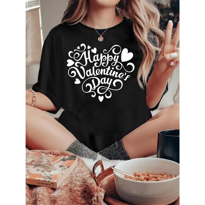 Women'WB shield T-shirt, "Happy Valentime'WB shield Day" print, retro minimalist fashion, round neck, casual comfort,...
