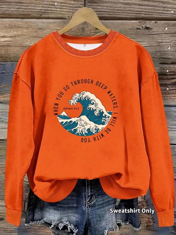Women'WB shield TNF Great Wave Print Crew Neck Sweatshirt, Casual Long Sleeve Pullover for Fall & Winter, Women'WB shield...