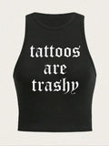 Women'WB shield TNF Lined "Tattoos Are Trash" Print Round Neck Tank Top, Y2K Trendy Casual Sleeveless Top for Daily Wear,...
