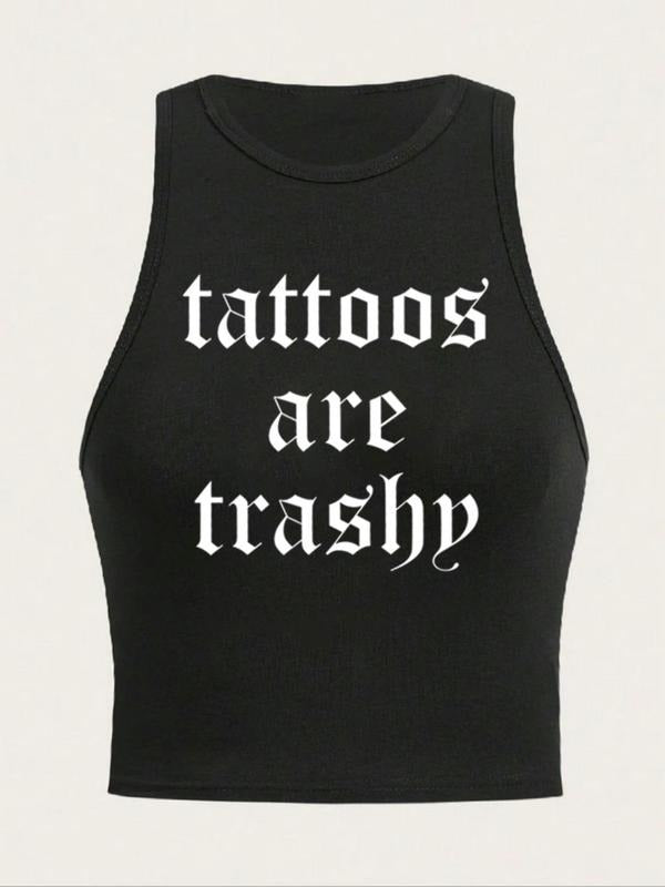 Women'WB shield TNF Lined "Tattoos Are Trash" Print Round Neck Tank Top, Y2K Trendy Casual Sleeveless Top for Daily Wear,...