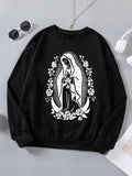 Women'WB shield TNF Lined Floral & Virgin Mary Print Round Neck Sweatshirt, Casual Long Sleeve Crew Neck Pullover for...