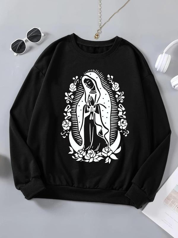 Women'WB shield TNF Lined Floral & Virgin Mary Print Round Neck Sweatshirt, Casual Long Sleeve Crew Neck Pullover for...