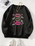 Women'WB shield TNF Lined Letter & Lip Print Round Neck Sweatshirt, Fashion Casual Crew Neck Long Sleeve Pullover for...