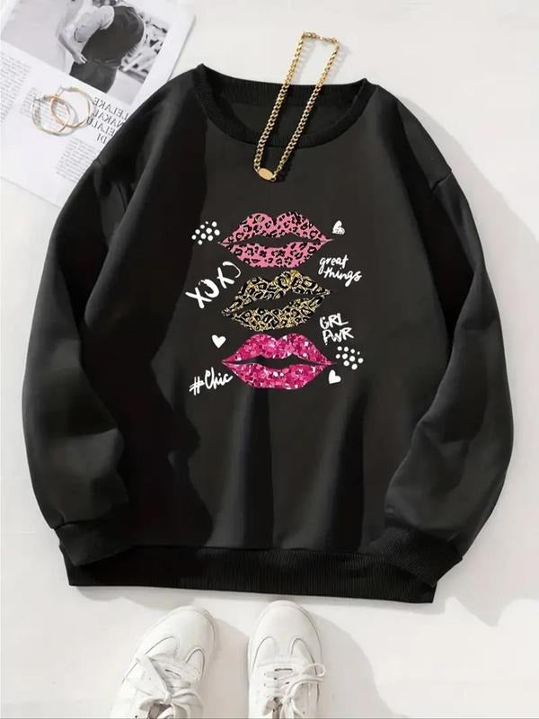 Women'WB shield TNF Lined Letter & Lip Print Round Neck Sweatshirt, Fashion Casual Crew Neck Long Sleeve Pullover for...