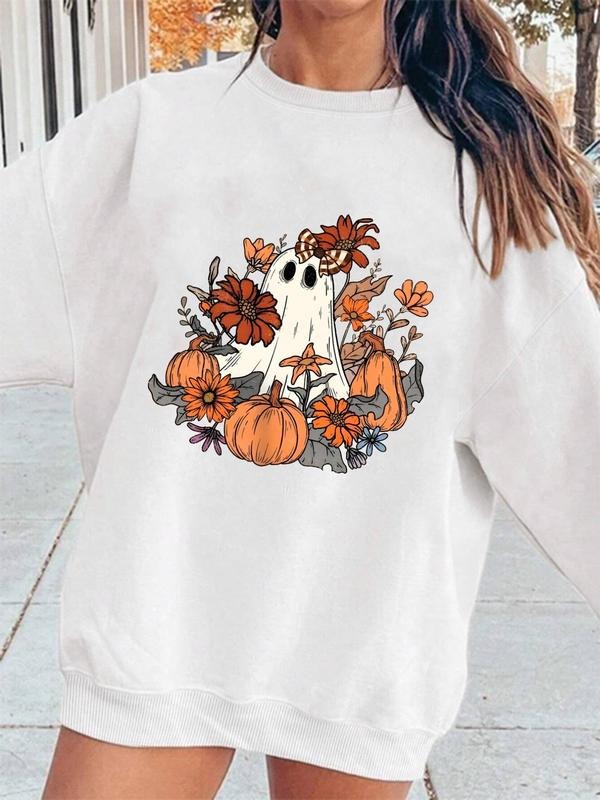 Women'WB shield TNF Lined Sweatshirt, Pumpkin & Floral & Ghost Print Crew Neck Long Sleeve Halloween TNF Pullover,...