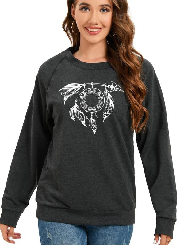 Women'WB shield TNF Print Round Neck Sweatshirt, Street Fashion Casual Raglan Sleeve Top for Daily Holiday Outdoor Wear,...