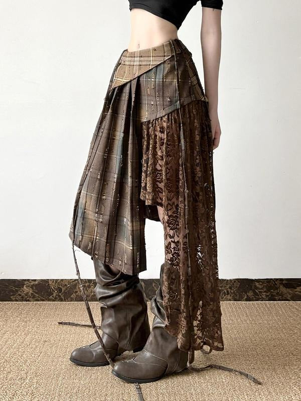 Women'WB shield Tartan Print Skirt, Street Fashion Casual Irregular Hem Skirt for Daily Wear, Ladies Bottoms for Spiky...