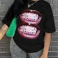 Women'WB shield Teeth Print Drop Shoulder Tee, Casual Half Sleeve Round Neck T-shirt for Daily Wear, Lady Top for Spiky...