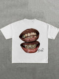 Women'WB shield Teeth Print Round Neck Tee, Fashion Casual Crew Neck T-Shirt for Daily Holiday Vacation Outdoor Wear,...