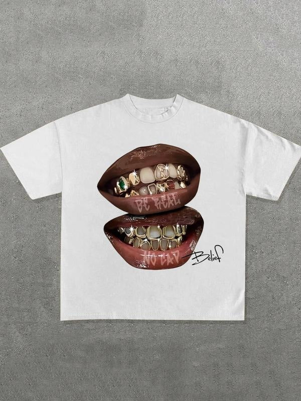 Women'WB shield Teeth Print Round Neck Tee, Fashion Casual Crew Neck T-Shirt for Daily Holiday Vacation Outdoor Wear,...