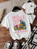 Women'WB shield Tequila & Letter Print Round Neck Tee, Fashion Casual Crew Neck T-Shirt for Daily Holiday Vacation...