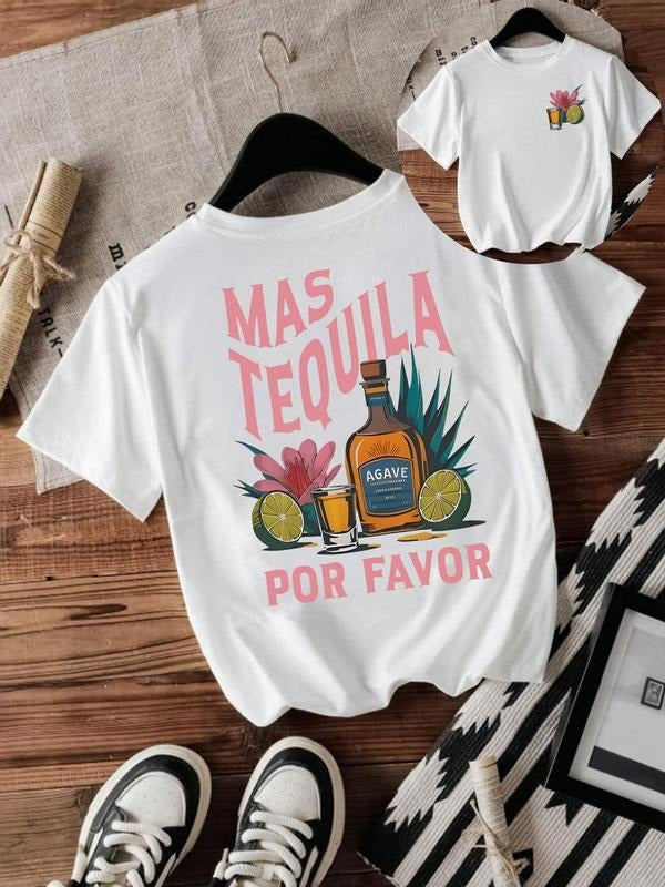 Women'WB shield Tequila & Letter Print Round Neck Tee, Fashion Casual Crew Neck T-Shirt for Daily Holiday Vacation...