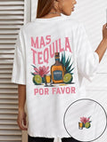 Women'WB shield Tequila Cocktail & Letter Print Round Neck Tee, Casual Slogan Graphic Short Sleeve T-shirt for Summer,...