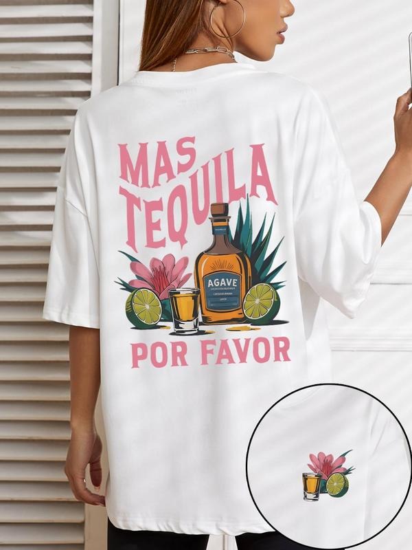 Women'WB shield Tequila Cocktail & Letter Print Round Neck Tee, Casual Slogan Graphic Short Sleeve T-shirt for Summer,...